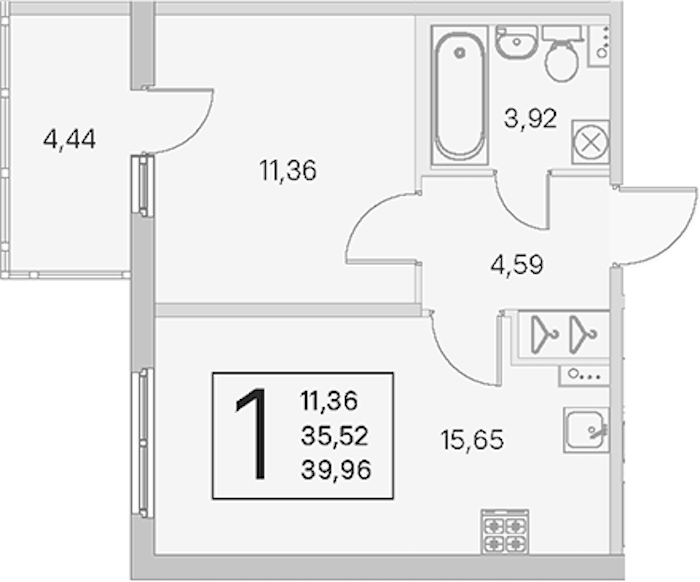 1-комнатная квартира 35.52 м², 1/4 эт., ЖК «Любоград в Стрельне»